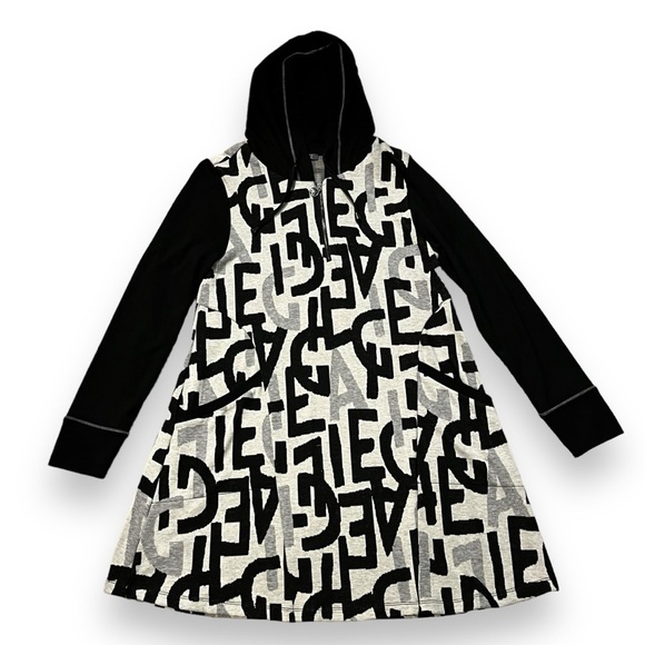 Dolcezza Swing Dress Hooded Artsy Graphic Print Lagenlook Stretch Knit Pockets S - Picture 1 of 7